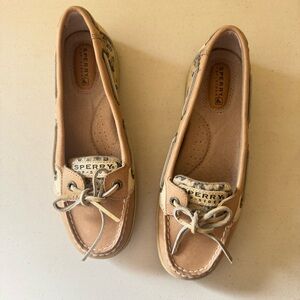 Sperry Tan Boat Shoes with Leopard Sequin Accents